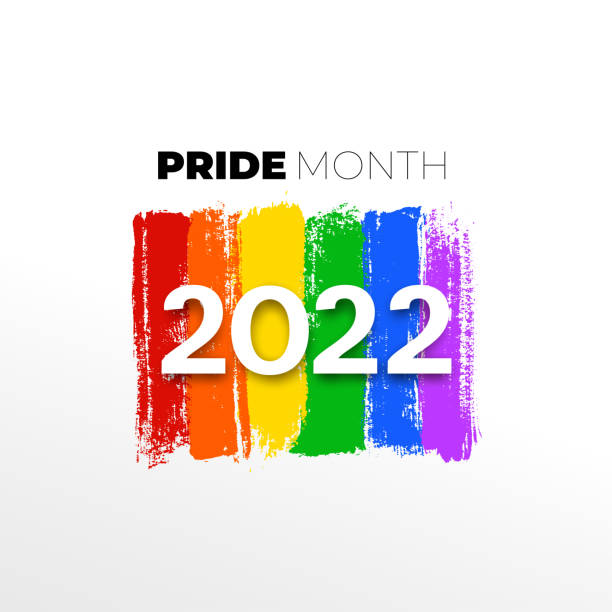 drawing of rainbow colours brush stroke with texts 2022 pride month. concept design for lgbtq community in pride month. vector illustration. isolated on white background. - lgbtqi驕傲活動 幅插畫檔、美工圖案、卡通及圖標