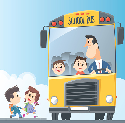 Drawing of school bus with children entering and bus driver