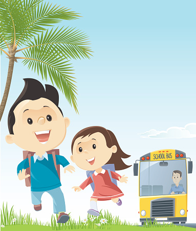 Drawing of two small children running from the school bus
