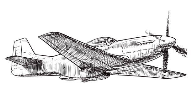 Drawing of World War 2 fighter plane - Mustang Vector, black and white illustration of American fighter plane - Mustang drawing of fighter planes stock illustrations