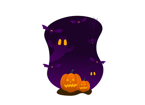 Drawing pumpkin with bat and ghost in halloween on October, night, fear, purple, orange, vector