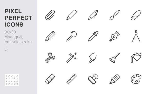 Drawing tools line icons set. Pen, pencil, paintbrush, dropper, stamp, smudge, paint bucket minimal vector illustrations. Simple outline signs for web interface. 30x30 Pixel Perfect. Editable Strokes Drawing tools line icons set. Pen, pencil, paintbrush, dropper, stamp, smudge, paint bucket minimal vector illustrations. Simple outline signs for web interface. 30x30 Pixel Perfect. Editable Strokes. pen stock illustrations