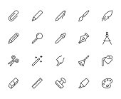 Drawing tools line icons set. Pen, pencil, paintbrush, dropper, stamp, smudge, paint bucket minimal vector illustrations. Simple outline signs for web interface. Pixel Perfect. Editable Stroke.