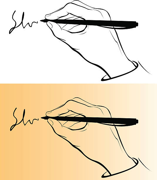 2 drawings of a hand writing in the background vector art illustration