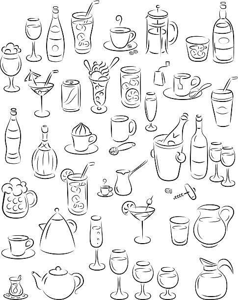 Drawings of different types of drinks vector illustration of beverage collection in black and white cocktail clipart stock illustrations