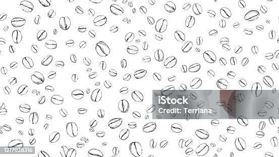 istock Drawn coffee bean seamless  background. Pattern with falling coffee beans. Food doodle  sketch backdrop 1217028316