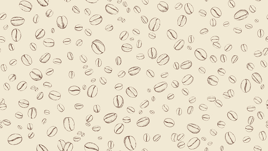 Drawn coffee bean seamless  background. Pattern with falling coffee beans. Food doodle  sketch backdrop