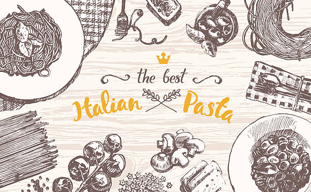 Drawn vector Italian pasta wooden table top sketch Hand drawn vector illustration of an Italian pasta on a wooden table top, sketch pasta backgrounds stock illustrations