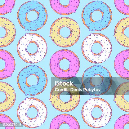 istock Drawn vector seamless illustration - Donuts with fondant and sprinkles. 1300377045