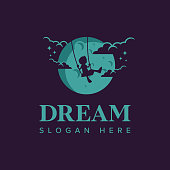 Dream . Child play swing in the moon. Isolated vector inspiration