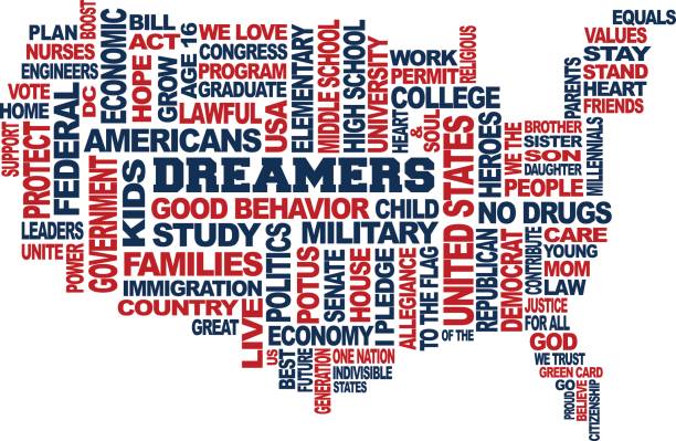 Dreamers USA Map Support Concept. Word Cloud Vector in White Background Dreamers USA Map Support Concept. Word Cloud Vector in White Background bills patriots stock illustrations