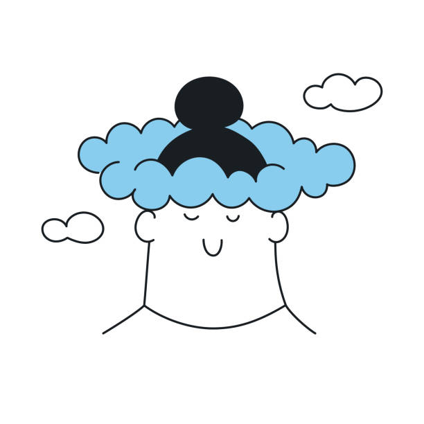Dreaming, fantasizing, hovering in the clouds Dreaming, fantasizing, hovering in the clouds Cute cartoon dreaminess girl. Thin line outline vector illustration on white background. outside the box stock illustrations