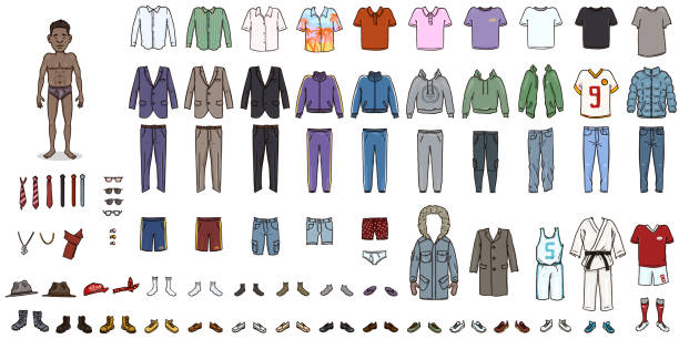 Dress Up the Character. Cartoon Man with Big Variations of Clothing. Dress Up the Character. Cartoon Afroamerican Man with Big Variations of Clothing. Different Styles Clothes and Accessories bare feet stock illustrations