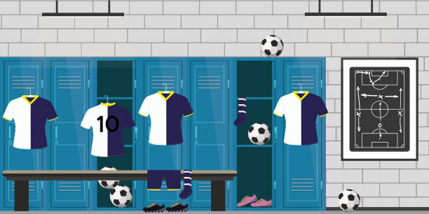 ilustrações de stock, clip art, desenhos animados e ícones de dressing room football,lockers,soccer clothes and balls, - changing room