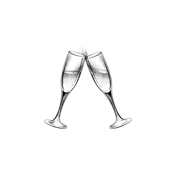 Drink champagne sign. Christmas party icon with clinking wine gl Drink champagne sign. Christmas party icon with clinking wine glasses. Hand drawn holiday card design champagne drawings stock illustrations