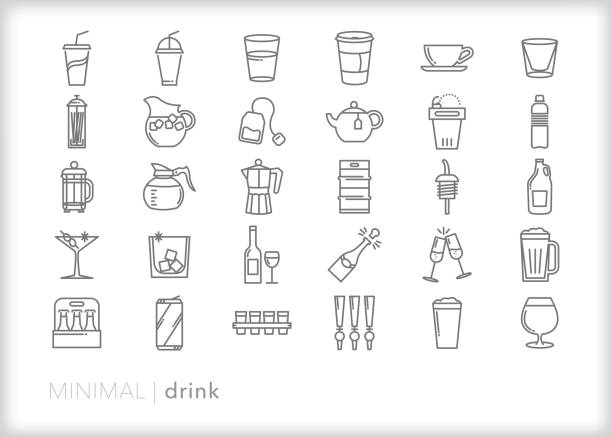 Drink line icon set Set of 30 drink line icons of water, lemonade, coffee, tea, beer, cocktails jug stock illustrations