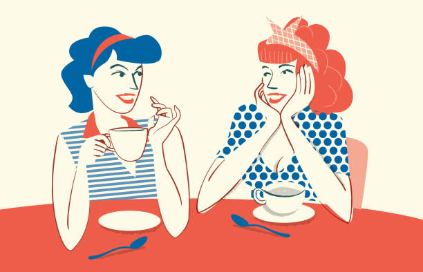 kaffee trinken und reden - woman happy eat stock-grafiken, -clipart, -cartoons und -symbole