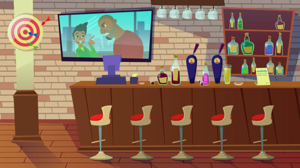 Drinking Establishment. Interior of Pub, Cafe, Bar Drinking Establishment. Interior of Pub, Cafe or Bar with Counter, Chairs and Shelves with Alcohol Bottles. Glasses, Tv with Movie, Dart, Wooden Decor with Brick Wall. Cartoon Flat Vector Illustration bar drink establishment stock illustrations