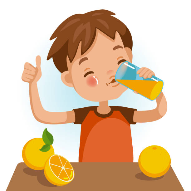 Drinking juice Cute boy in red shirt holding glass of  kid Drinking orange juice. Thumbs up. Emotionally. Healthy concepts and crowth in child cutrition. Vector Illustration Isolated on White background. juice drink stock illustrations