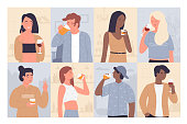 Drinking people vector illustration set. Cartoon flat adult man woman characters drink alcoholic beverage, young happy girl and guy standing with glass of wine, beer at party collection background