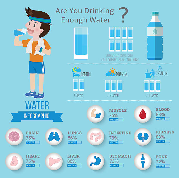 illustrazioni stock, clip art, cartoni animati e icone di tendenza di acqua potabile per la salute infografiche. - bere acqua