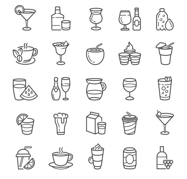 illustrazioni stock, clip art, cartoni animati e icone di tendenza di icone della linea di bevande e cocktail con whisky, latte, caffè, alcol e cartello del ristorante - aperitivo