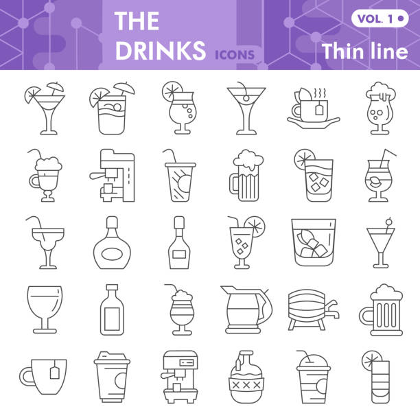 Drinks thin line icon set, beverage symbols collection or sketches. Alcohol drinks signs for web, linear style pictogram package isolated on white background. Vector graphics. Drinks thin line icon set, beverage symbols collection or sketches. Alcohol drinks signs for web, linear style pictogram package isolated on white background. Vector graphics juice drink stock illustrations