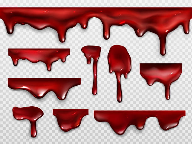 Dripping blood, red paint or ketchup Dripping blood, red paint or ketchup. Scary decoration for Halloween or horror design. Vector realistic set of shiny drops and flow liquid gore, syrup dribble isolated on transparent background pain borders stock illustrations