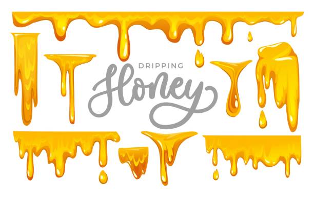 illustrazioni stock, clip art, cartoni animati e icone di tendenza di miele gocciolante su sfondo bianco. collezione colorata di deliziose gocce di miele. miele fuso isolato su sfondo bianco. illustrazione vettoriale. - miele