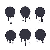Dripping paint icon set. Current liquid. Paint flows. Melted circle logo. Current paint, stains. Current inks.
