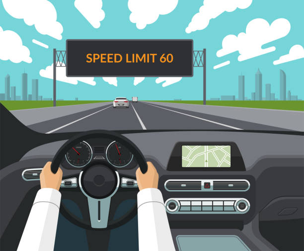ilustrações de stock, clip art, desenhos animados e ícones de drive safety concept. the driver's hands on the steering wheel, the dashboard, the car interior, the highway with traffic and the electronic billboard informating about speed limit. flat style - driving