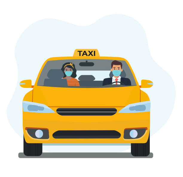 Driver and passenger in a medical mask in a taxi. Taxi service.Vector flat style illustration Driver and passenger in a medical mask in a taxi. Taxi service.Vector flat style illustration teen driving stock illustrations