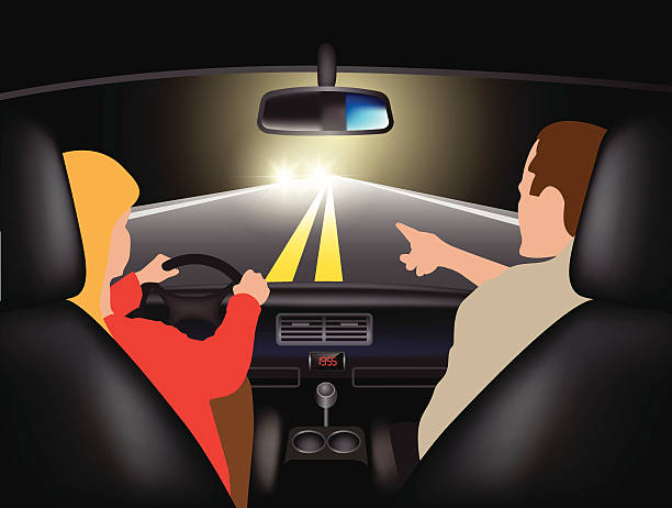 Driving a car at night Driving course at night - young woman driving car with instructor. Vector illustration teen driving stock illustrations