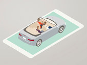 Illustration of a family driving in a convertible car, on the screen of a mobile phone. Vector illustrated in isometric view.