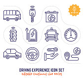 Driving experience vector icons set for logo, emblem or symbol use. This collection is part of single line minimalist drawing series with editable strokes.