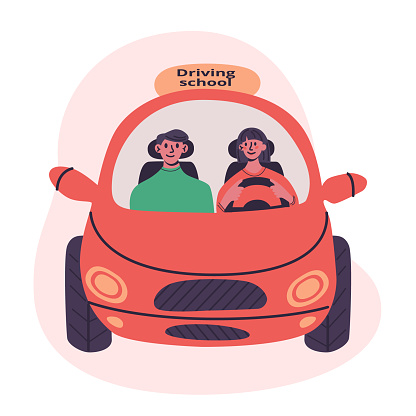 Driving school concept. Young woman drive little red car with instructor. Flat vector modern isolated illustration in trendy colors