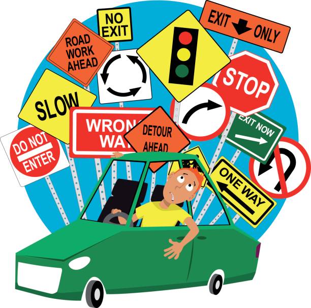 Driving student Teenage driving school student sitting in the car, road traffic signs behind him EPS 8 vector illustration teen driving stock illustrations