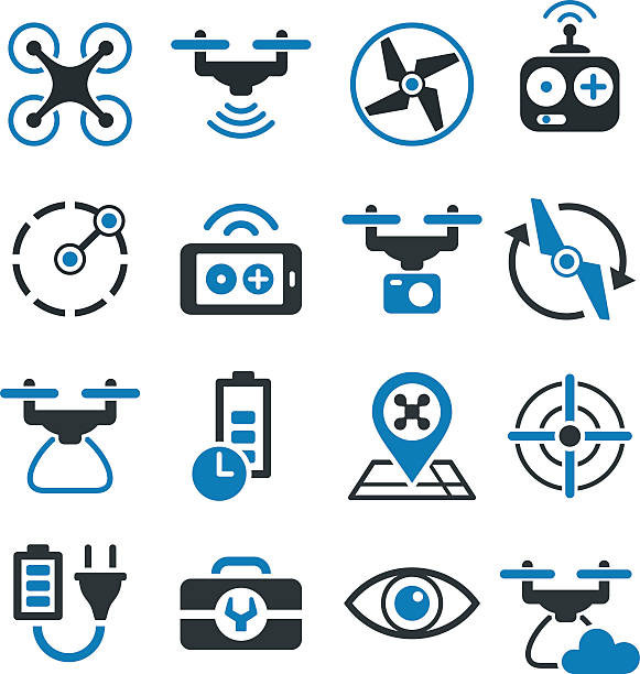 Drone and quad copter icons and symbols - illustration Vector set of Quadcopter and drone icons and symbols drone silhouettes stock illustrations