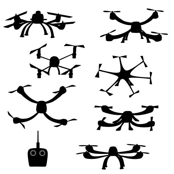 Drone Arial Photography A vector silhouette illustration of various types of drones and flying helicopters in various positions with a remote control. drone silhouettes stock illustrations