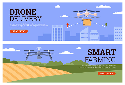 Drone delivery and smart farming web banners set, flat vector illustration.