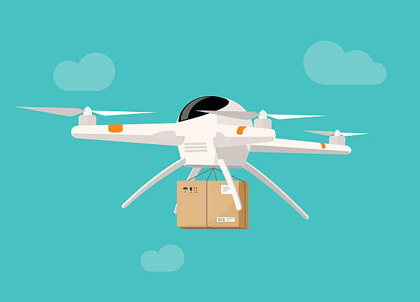 Drone delivery flying in sky shipping parcel box vector illustration Drone delivery box vector illustration, flat cartoon drone flying in the sky shipping parcel box, concept of service banner, air cargo product delivery drone clipart stock illustrations
