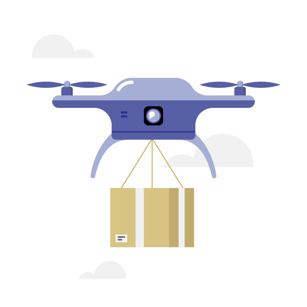 ilustrações, clipart, desenhos animados e ícones de drone delivery icon flat design. caixa de transporte carregando design de vetor de drone. - drone