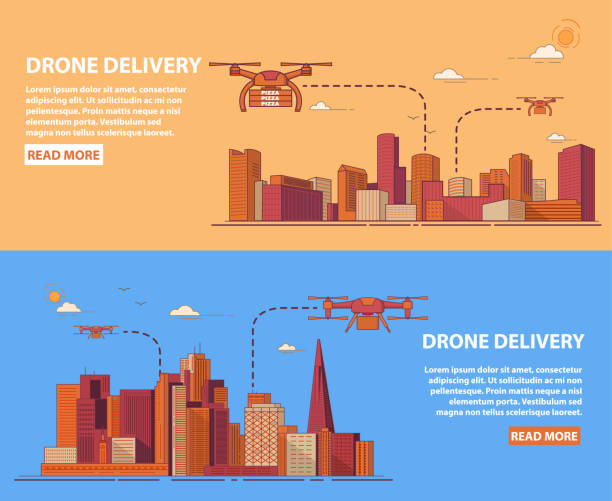 ilustrações de stock, clip art, desenhos animados e ícones de drone delivery of the packed goods carrying food for the client.city service for fast and convenient transportation of pizza. - aerial container ship