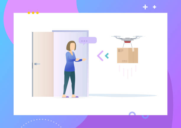 Drone delivery service. Woman in home getting post package from delivery drone. Delivery service. Conceptual Modern and Trendy colorful vector illustration for landing page. Web template. drone borders stock illustrations