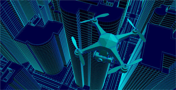drone flying over a city drone flying over a city filming, illustrated in wire-frame style. the city and the drone are two different objects for ease of use. drone backgrounds stock illustrations