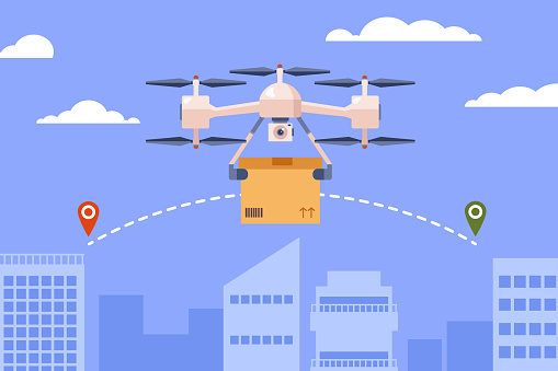 Drone flying with cardboard package, delivering it to destination - flat vector illustration.