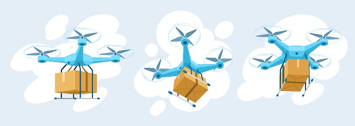 Drone for air delivery. Delivery flying robot drones, express robot shipment concept. Modern technologies in cargo transportation. Cartoon vector illustration