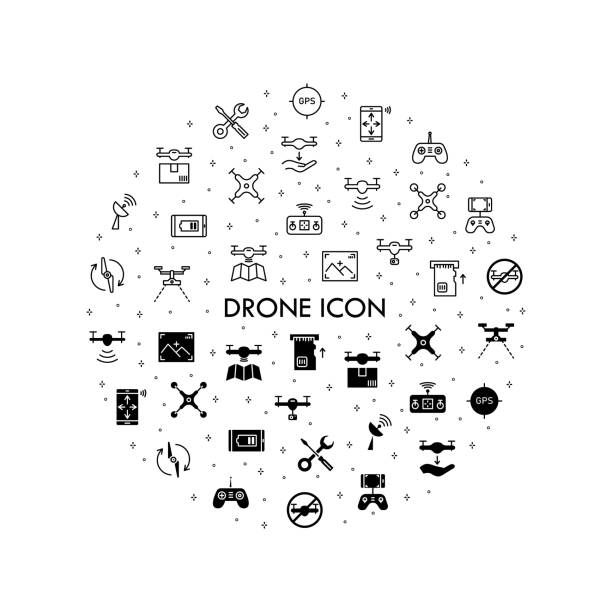 Drone icon or UAV icon. Including with Fast Delivery, Remote Controller, Propeller, City Maps Navigation, Action Camera, Radar Screen, Radio Antenna and more Drone icon or UAV icon. Including with Fast Delivery, Remote Controller, Propeller, City Maps Navigation, Action Camera, Radar Screen, Radio Antenna and more. drone silhouettes stock illustrations