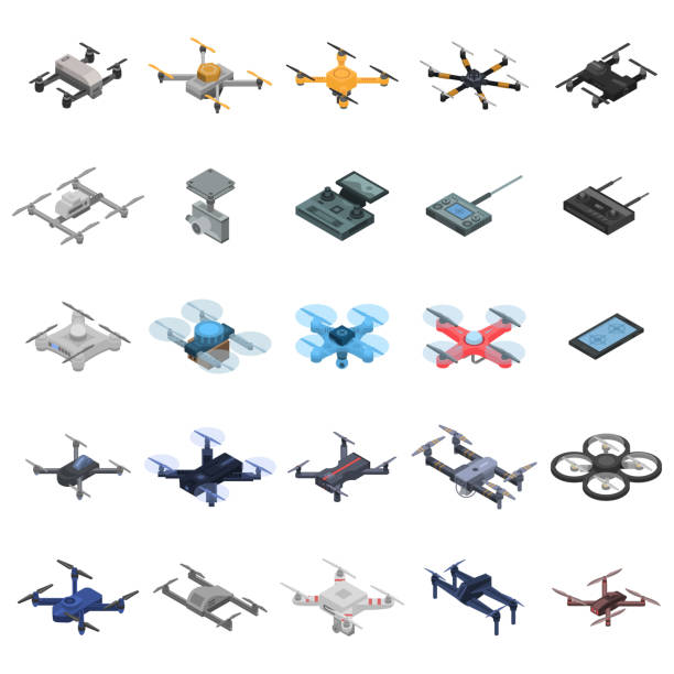 ilustrações, clipart, desenhos animados e ícones de conjunto de ícones de drone, estilo isométrico - drone