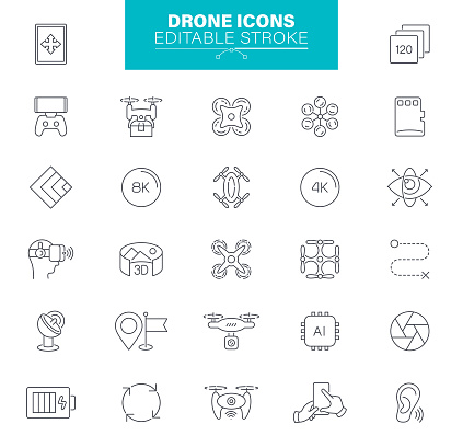 Drone Icons Editable Stroke. Contains such icons as sky camera, delivery, aircraft robots, helicopter, aerial vehicle